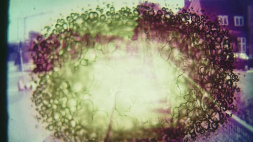 Vintage Urban Scene with Abstract Bubble Distortions