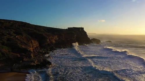 North Beach Fort and Atlantic Ocean Nazare Portugal Aerial View