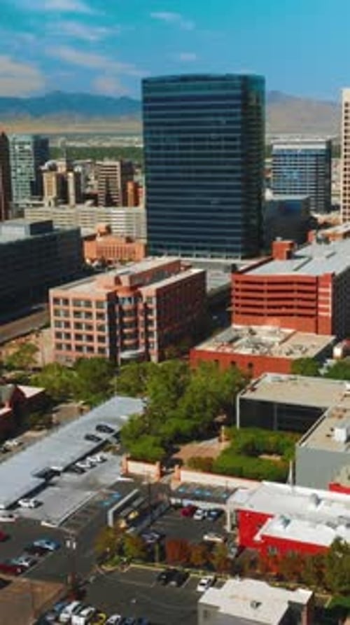 Bright architecture in financial downtown of sunny Salt Lake City in Utah.