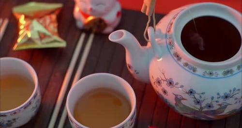Asian Teapot and Cups for Chinese New Year