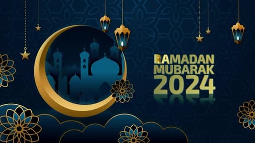 Ramadan Mubarak Festive Title with Mosque and Lanterns