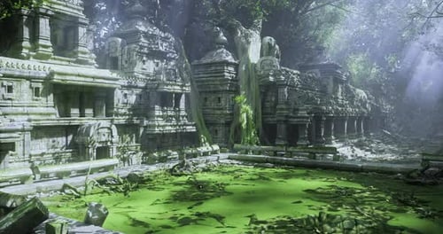 Temple Ruins Amid Lush Greenery and Sunlight Filtering Through Trees