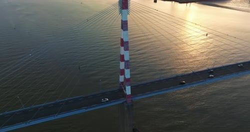 Flying Above the Road of Cablestayed French Bridge Amazing Sunrise Aerial View of the Saint Nazaire