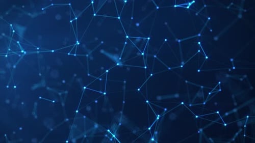 Digital network background of glowing lines and particles on dark blue. Communication technology