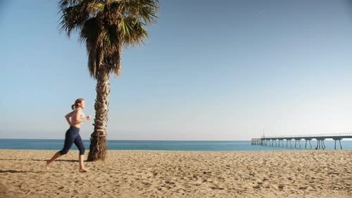 Young Woman Athlete Running on Beach Exercising Female Runner Sprinting Training on Sea Background