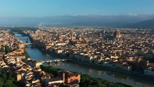 Florence Aerial Establishing Shot, Flying Over River