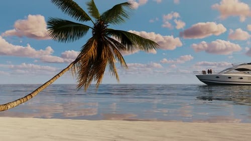 Vacation on a tropical island with palm trees and a yacht in the sea.
