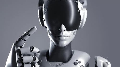 a close-up portrait of a robot making a gesture to come closer