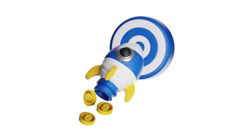 3D Rocket Ship and Falling Coins Business Growth Animation