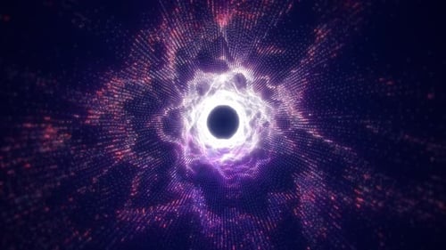 Abstract glowing light hi-tech energy purple tunnel frame of lines and particles tunnel futuristic