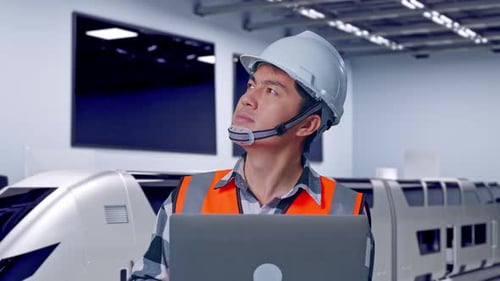 Close Up Of Asian Male Engineer Working On A Laptop With Train in Lab