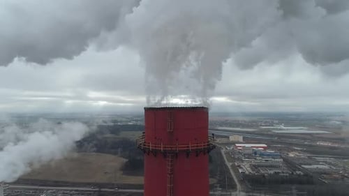Thermal Power Energy Station View From Height to Pipes in Fog Steam and Smoke From Pipes