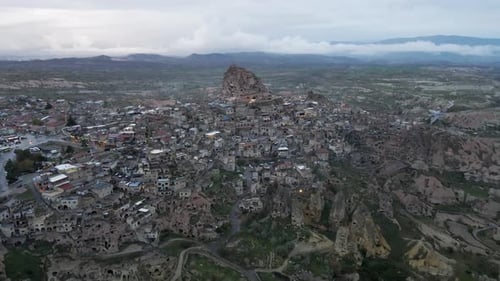 Aerial view of Uchisar Castle in Uchisar old town, Cappadocia, Turkey.