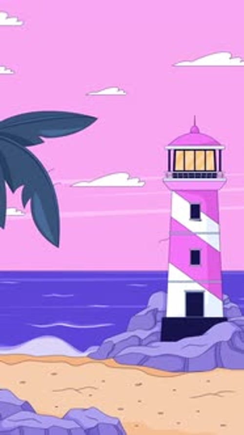 Sunset ocean bay lighthouse with stony beach lofi vertical animation