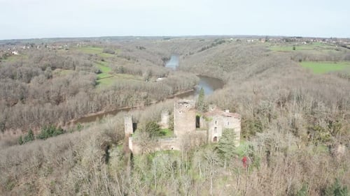 Aerial drone footage of the ruined Chateau de Chateaubrun in Creuse, central France.