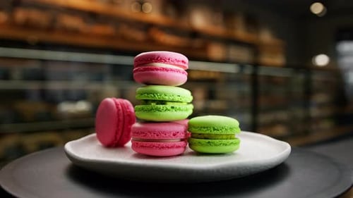 Close-up, bakery - a pyramid of delicious colored macaroons on a rotating surface