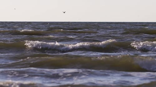 Sea waves rushing at the beach. Slow Motion Ocean White water Wave surf crashing. Wide shot.