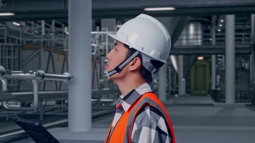 Nahaufnahme eines asiatischen männlichen Ingenieurs, der im Inneren der Brennerei auf das Tablet in seiner Hand schaut