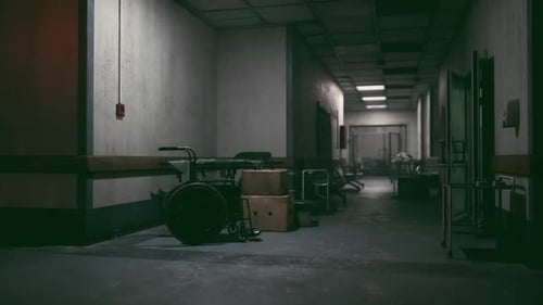 Abandoned Hospital Corridor with Medical Equipment at Dusk