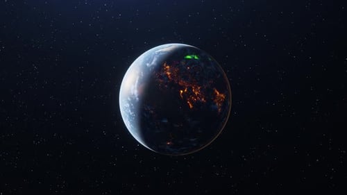 3D-Darstellung der Erde aus dem Weltraum mit halber Dunkelheit, die Stadtlichter und schwache Polarlichter zeigt