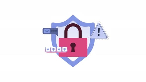 Password security animation by shield lock warning sign, ideal for cybersecurity.