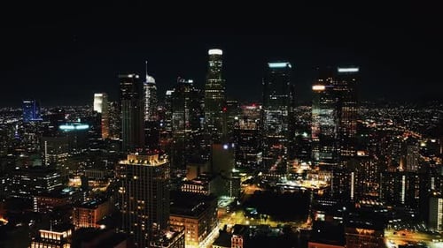 Aerial panoramic view of Los Angeles downtown at night.
