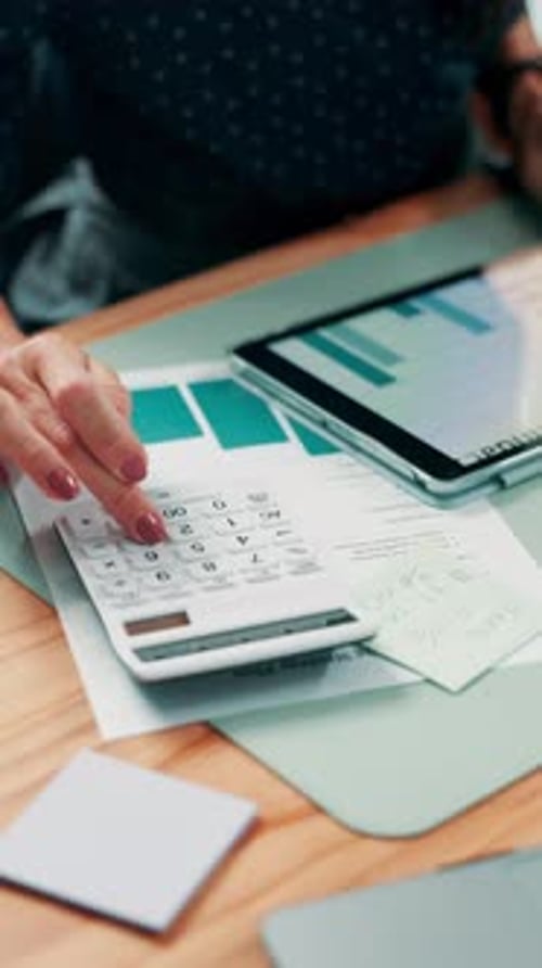 Hands, calculator and tablet at office with notes, budget review and payroll management at company