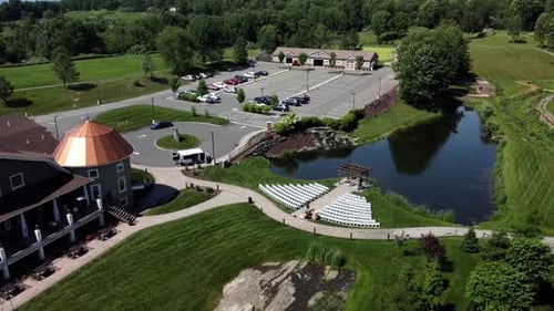 Aerial view of beautiful wedding venue, luxury apartments in the suburbs of New Jersey with parking