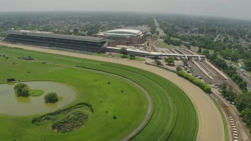 Aerial Drone Shot of UBS Arena at Belmont Park Under Contruction w/ Grandstands