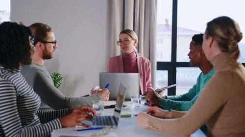 Office Workers Creative Team are Talking Then Doing Highfive Hand Gesture Working Together Around