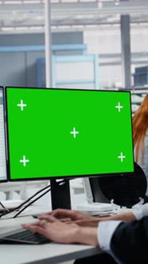 Vertical Video Mockup PC Used By Woman in Semiconductors Factory Office