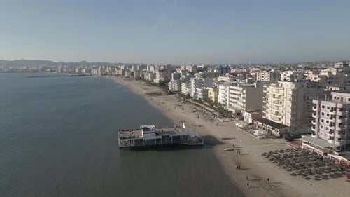 Beach restaurant on pilings over water in Albanian city of Durres