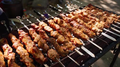 Meat for Barbecue Being Cooked on Fire Concept of Cooking Barbecue