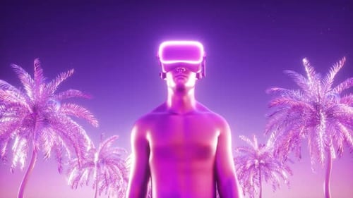 Man Walking In Vr Glasses Between Glowing Palm Trees Synthwave Background