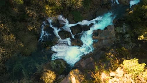 Above View Of Cascades In Fervenza Da Noveira Nature Reserve In A Noveira, A Coruña, Spain. Aerial T