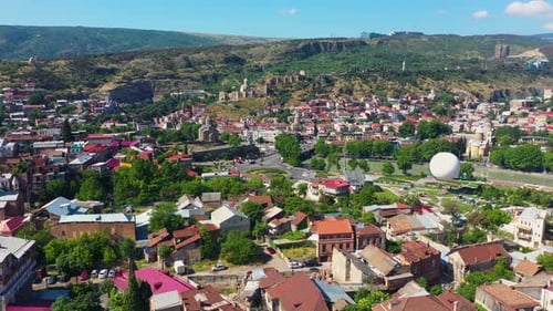 Aerial shot over Tbilisi, Georgia's capital city centre