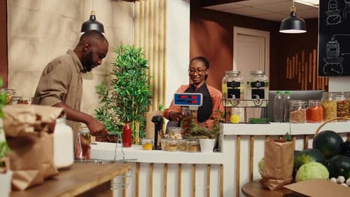Man Buys Groceries at Store Counter