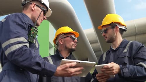 Inspection de sécurité du réseau de canalisations industrielles par un travailleur en équipement de sécurité brillant par temps ensoleillé