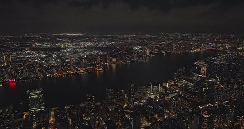 NYC New York Aerial v162 high altitude drone flyover Midtown Manhattan skyscrapers capturing illumin