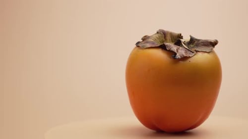 A single persimmon fruit slowly rotates on a neutral studio pedestal, revealing its round shape.