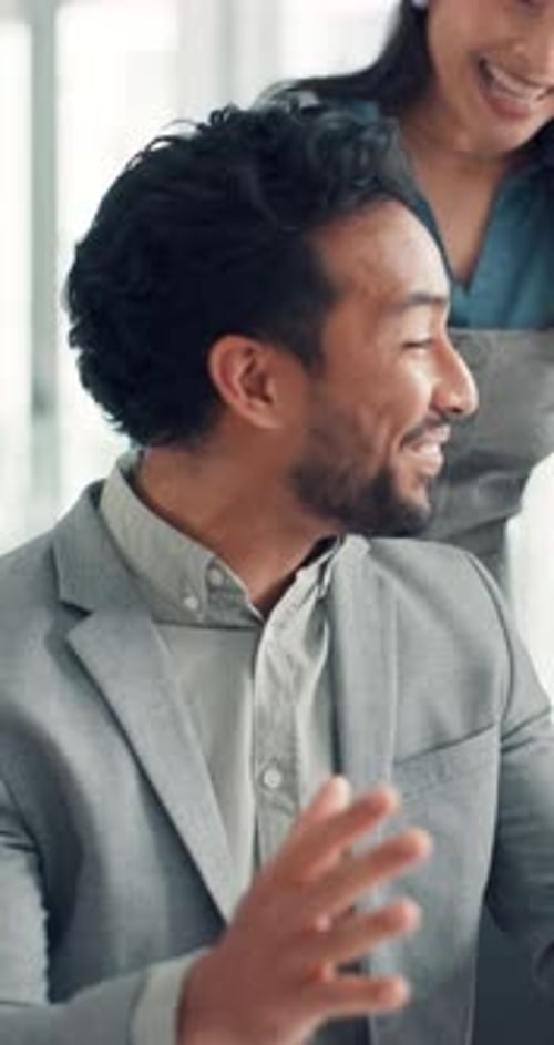 Success, fist pump and team with business people in office of account approval