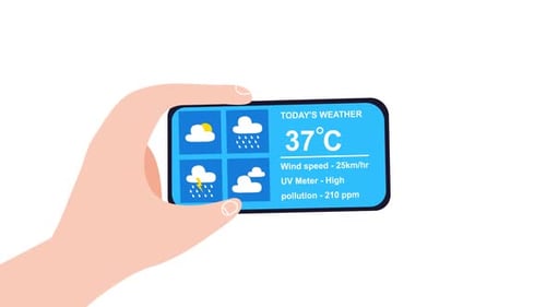 Animated Weather Forecast Display on Smartphone Held by Hand