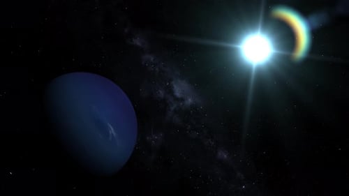 Spinning Neptune planet sphere galaxy in space with solar system, Amazing Sunrise Over. 1984