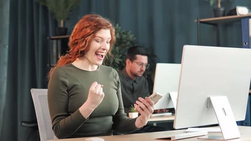 Excited Happy Red Hair Woman Office Worker Winner Celebrate Read Good News