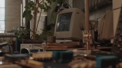 Old Computer with Code on Screen in Post Apocalypse Shelter