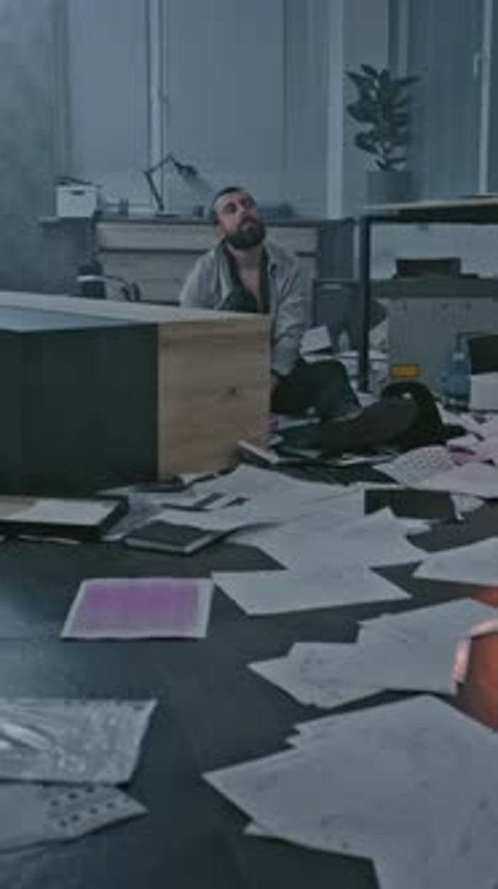 Dolly Shot of Frustrated Fired Office Worker Sitting on Floor in ...