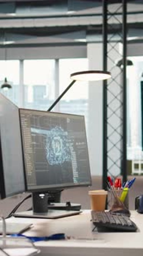 Vertical Video PC Monitor on Startup Office Desk Shows Artificial Intelligence Neural Networks