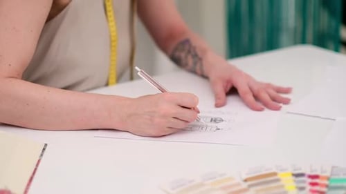 Designer Draws Clothes Model on Paper at Table in Fashion Atelier Tailor Makes Apparel Sketch