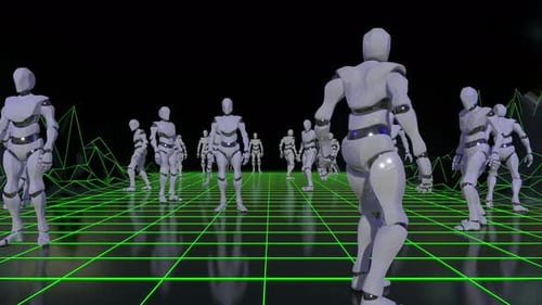 Animated Futuristic Robots in Digital Neon Grid Space