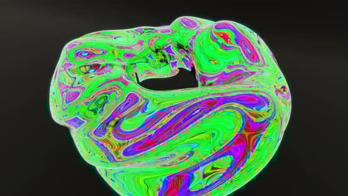 Abstrakte sich drehende, transformierende und verändernde Torusfigur isoliert auf schwarzem Hintergrund